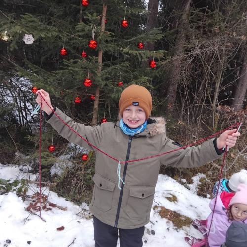 Junge vor geschmücktem Baum