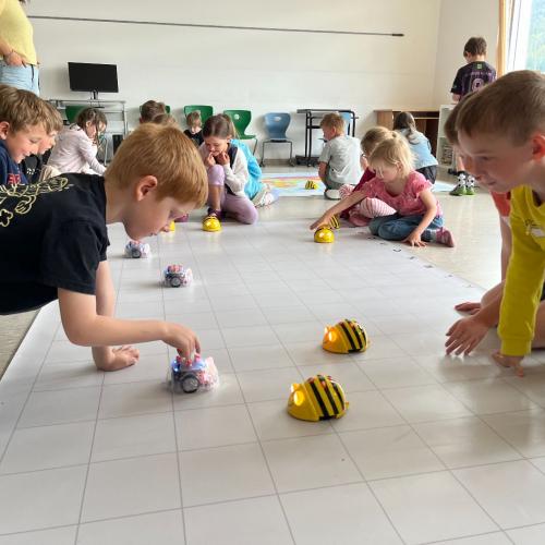 Kinder arbeiten mit Bee-Bots