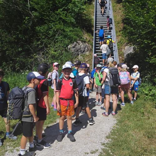 Kinder auf Wanderweg, gehen über Treppe hinauf