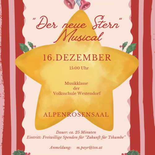 Plakat "Der neue Stern2 Musical am 16. Dezember um 15:00 im Alpenrosensaal
